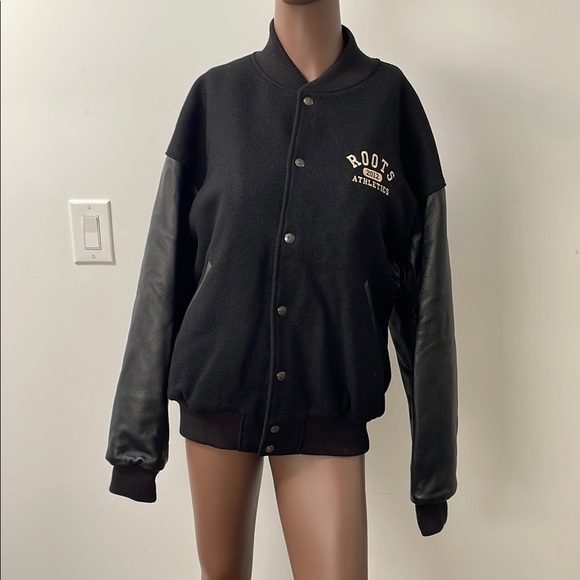 Roots Vintage Varsity Jacket Leather Wool Black Bomber Medium Small S M - Picture 1 of 13